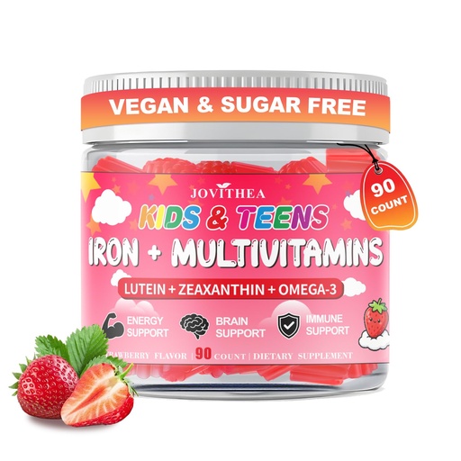 [BRSRGZLYCENGMYIY] 90 Count | Iron Gummies for Kids, Kids Multivitamin with Calcium, Zinc, Folate, Omega-3 & Lutein, Support Energy, Immnity, Iron Deficiency, Anemia & Brain Health, Vegan, Sugar-Free, Strawberry Flavor