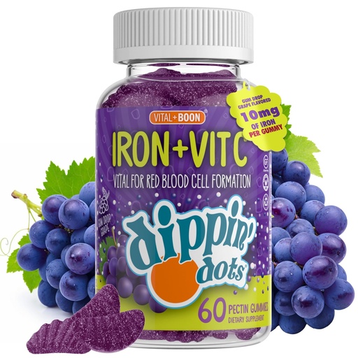 [BRSWYGATAUCGGE33] Vital+Boon - Iron with Vitamin C & B12 Gummies (60 Count) Vital for Red Blood Cell Formation | Gum Drop Grape Real Pectin Fruit Chew Supplements | Vegan, Non-GMO, Gluten Free & Gelatin Free