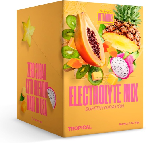 [BRSWGELQBYGWY3IZ] Dr. Price's Electrolyte Mix em pó de hidratação livre de açúcar com 72+ Trace Minerals □ Sem açúcar, Eletrolíticos de dissolução rápida Empacotes de pó ; Tropical (30 embalagens)