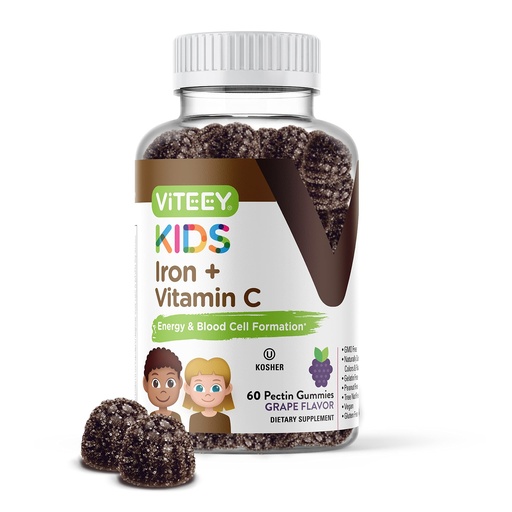 [BRSW2HT3B4PWEYLK] Viteey Iron Gummies for Kids with Vitamin C - Supports Energy, Blood Cell Formulation, Blood Builder Anemia Kids Iron Supplements - Vegan, Gelatin Free, Gluten Free - Tasty Chewable Grape Flavored
