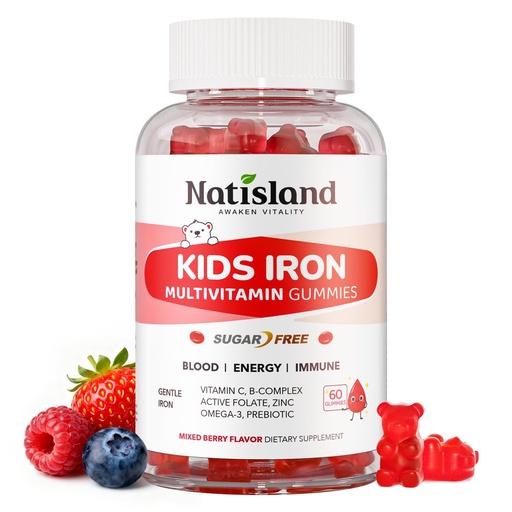 [BRSRGYY2CAMRQEI2] Iron Gummies for Kids & Teens, Kids Multivitamin with Iron Supplement, Vitamin B Complex, A, C, D3, Calcium, Zinc, DHA, Prebiotic, Blood Builder & Energy Support for Iron Deficiency, Vegan, 60 Ct