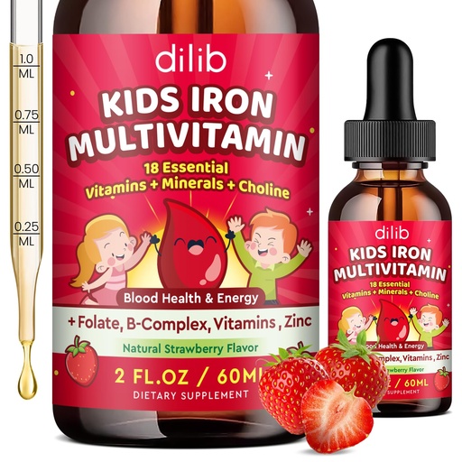 [BRSREHQZBEOWG2D2] Liquid Iron Supplement for Kids, Kids Multivitamin with Iron Drops with Zinc, Vitamin B Complex, Folate - Support Blood Builder & Energy, Iron Deficiency for Women, Men, Vegan Strawberry 2 Fl Oz