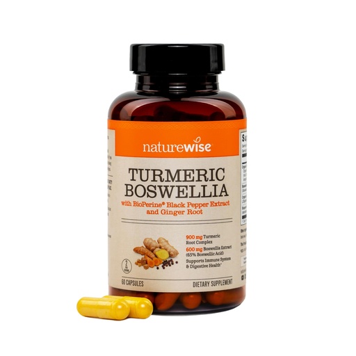 [BRSRGYAEC4DRUYLX] NatureWise Turmeric Boswellia Supplement with BioPerine & Organic Ginger Root - Organic Turmeric 900mg + Boswellia Extract 600mg - Non-GMO, Vegan, USA Manufactured - 60 Capsules[30-Day Supply]