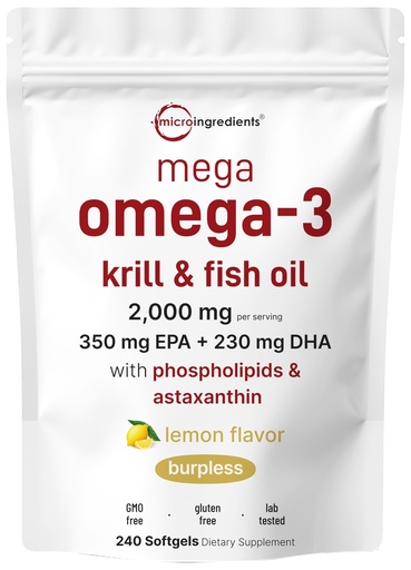 [BRSREZQBCMIGGHIY] Mega Omega-3 Krill & Fish Oil 2,000mg Equivalent, 240 Softgels | Lemon Flavored | Burpless | Essential Fatty Acids & Astaxanthin | EPA 350mg + DHA 230mg | Heart & Brain Supplement