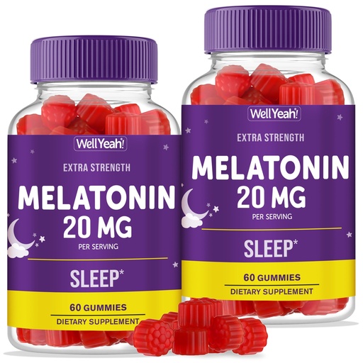 [BRSRMEABAF7QG2TH] WellYeah Melatonin Gummies 20mg (2 Pack) | Sleep Support | Maximum Strength Melatonin 20mg Gummies for Adults | Fast Dissolved | Great Berry Flavor | 60 Count | Vegan, Non GMO