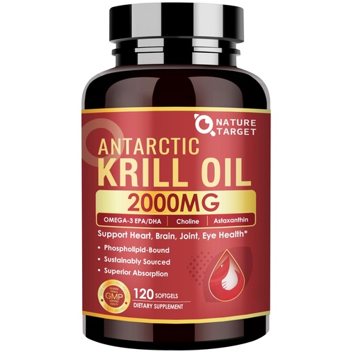 [BRSRAC36CUBAA3TU] NATURE TARGET Krill Oil 2000 mg with Omega-3 EPA & DHA with Astaxanthin Supplement, Choline - Supports Heart, Brain, Join, Eye Health, Non-GMO, Gluten Free, 120 Softgels (60 Servings)