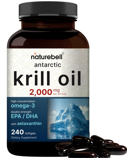 [BRSRMAIZOYORMCI6] NatureBell Antarctic Krill Oil 2000mg Supplement, 240 Softgels, 3X Strength Natural Source of Omega-3s, EPA 240mg + DHA 160mg + Astaxanthin 800mcg – No Fishy Aftertaste – Mercury Free & Non-GMO