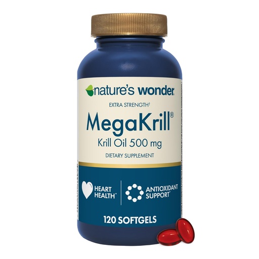 [BRSRGGQTBVYR4E3D] Nature's Wonder Mega Krill Extra Strength Krill Oil 500mg with Omega 3 Phospholipids and Astaxanthin, Supports Heart Health, 120 Day Supply of Softgels