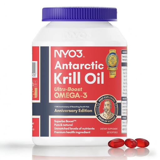 [BRSRABLRCUCQYYAY] NYO3 Krill Oil 1000mg Omega 3 Supplement, 56% Phospholipids for 98% Absorption, Antarctic Superba Boost Krill Oil, High EPA & DHA for Heart Brain Blood Lipid Health, No Fishy Burps, 60 Softgels