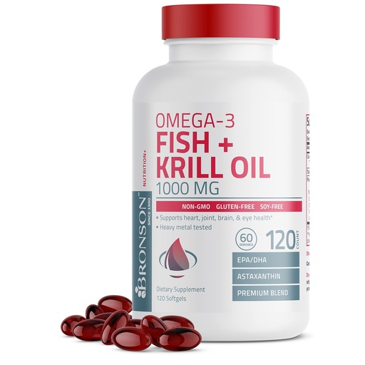 [BRSW2FQEAQNAOALX] Bronson Omega-3 Fish + Krill Oil 1000 MG EPA DHA Astaxanthin Premium Blend - Joint, Brain & Eye Health - Non GMO, Heavy Metal Tested, 120 Softgels
