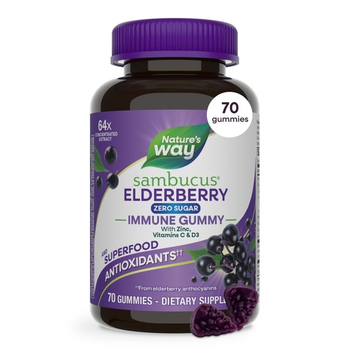 [BRSROGI5CIBRGADG] Nature's Way Sambucus Zero Sugar Immune Gummies, Daily Immune Support*, Black Elderberry Extract, Vitamin C, Vitamin D3, Zinc, Sugar Free, Sugar Alcohol Free, Plant-Based Sweeteners, 70 Gummies