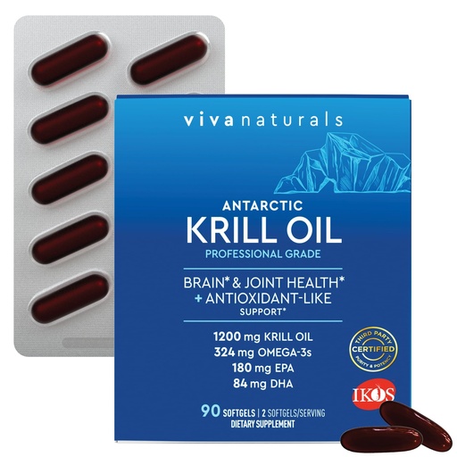 [BRSRACQFAQNWGHTD] Viva Naturals Antarctic Krill Oil, 1200 mg – Omega-3 DHA & EPA with Astaxanthin for Joint Health, No Fish Burp, 90 Softgels