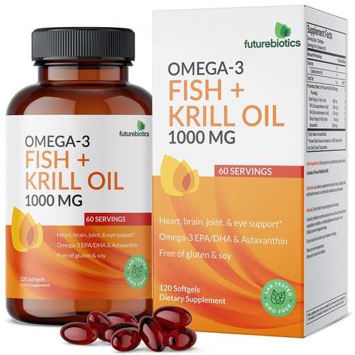 [BRSW2HQ3AEMWEETX] Futurebiotics Omega-3 Fish + Krill Oil 1000 MG Omega-3 EPA/DHA & Astaxanthin - Non-GMO, 120 Softgels (60 Servings)