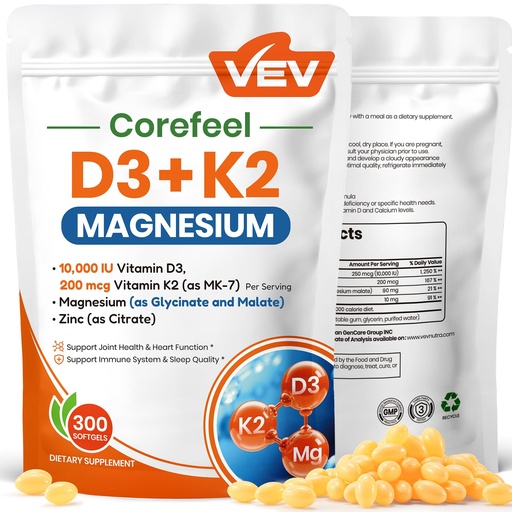 [BRSRE2YPOYBQGAL2] VEV Corefeel Vitamin D3 K2 10,000 IU Magnesium Supplement – with Vitamin D and K (MK-7), Magnesium Glycinate & Malate, Zinc Citrate – 300 Softgels for Energy, Bone & Muscle Support