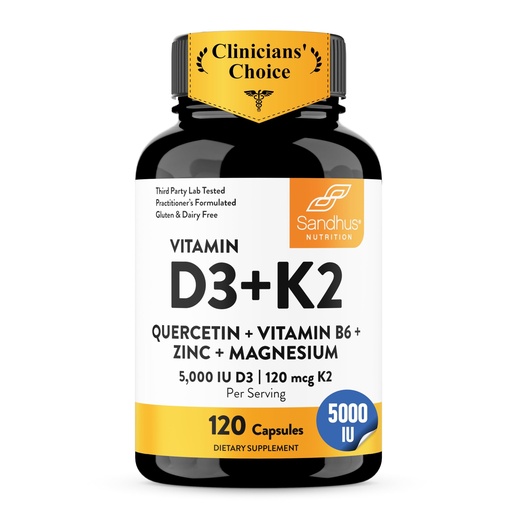 [BRSRACAYAR6A2HY3] Sandhu's Vitamin D3 K2 Magnesium 5000 IU, 120mcg K2 Capsules 120 Count (Pack of 1) | with VIT B6, Zinc & Quercetin | D3K2 Supports Superior Absorption, Energy, Immune, Muscle Health for Men & Women