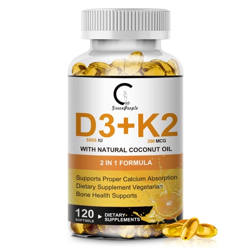 [BRSRAHQBOEORMYLV] Vitamin D3 K2 Supplement with Vitamin D3 5000 IU, 200 mcg Vitamin K2 MK-7 & Natural Coconut Oil, Plant Based 2-1 Formula for Bone, Teeth, Muscle and Immune Health Support,120 Softgel Capsules