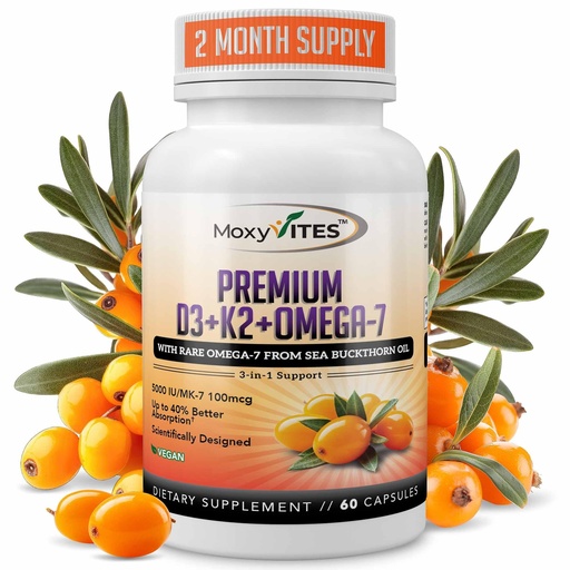 [BRSREBTYBVYRQHY7] MoxyVites Vitamin D3 K2 5000 IU – High Absorption D3 + K2 MK-7 with Sea Buckthorn Oil & Omega-7 – Bone, Heart & Immune Support for Women & Men – 60 Vegan Capsules