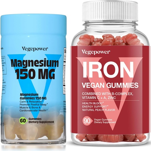 [BRSROFD5AV5BO3LL] Vegan Iron Gummies + Magnesium Gummies | Iron Supplement Support Blood Healthy & Daily Energy for Adults & Kids | 150mg Calm Magnesium Citrate Gummies for Better Sleep, Relaxation