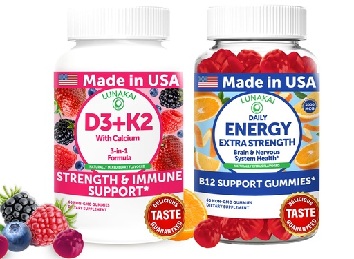 [BRSRE233BENA2EL5] Lunakai USA Made D3+K2 with Calcium & Energy B12 Gummies Bundle – Vegan, Non-GMO – 60 Gummies Each