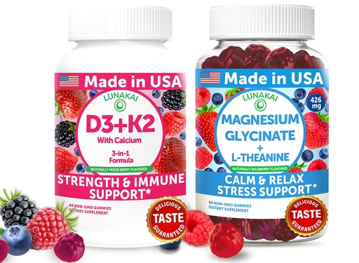[BRSRE233BMHA4C3J] Lunakai USA Made D3+K2 with Calcium & Magnesium Glycinate + L-Theanine Gummies Bundle – 60 Non-GMO Gummies Each