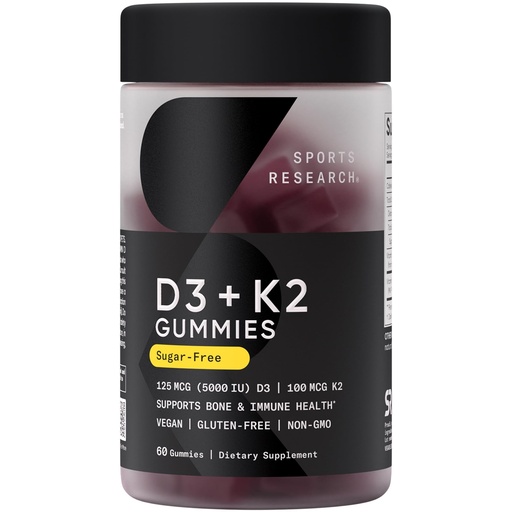 [BRSW2ZQCCJ6RS233] Sports Research® Vegan Vitamin D3 + K2 Sugar-Free Gummies - 125mcg (5000iu) Vitamin D w/ 100mcg Mk7 Vitamin K - Supports Bone & Immune Health* - Vegan Certified · Non-GMO · Soy Free - 60 Count