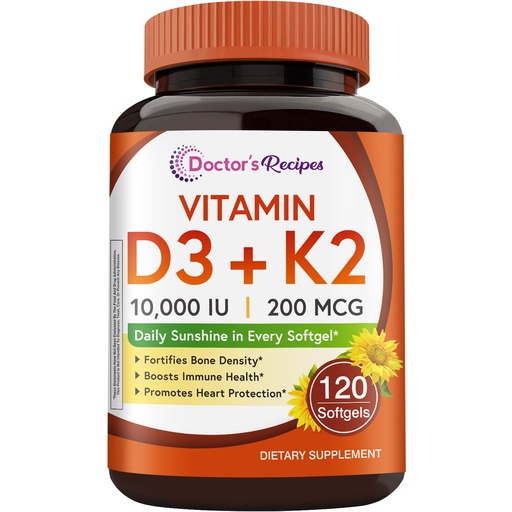 [BRSRABQDDIFA4HQZ] Doctor's Recipes Vitamin D3 K2, 10,000 IU, 200 mcg, MK-7, Strong Bone Density, Teeth, Immune, Heart Support, Energy, Calcium Absorption, No Soy & Gluten, Non-GMO, 120 Softgels