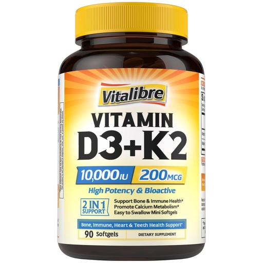 [BRSRAHDYB55AACD4] Vitalibre Vitamin D3 K2 Supplement, 10000 IU D3 / 200 mcg K2 MK7, Calcium Absorption, Bone, Heart, Immune & Mood Support, Enhanced Absorption, No Soy, Easy to Swallow, 90 Softgels