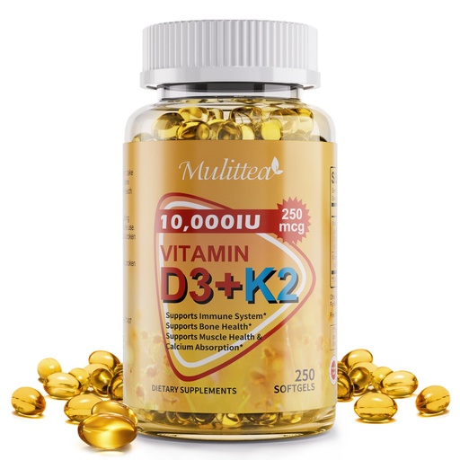 [BRSRACD4BUIQYA3U] Plant-Based D3 K2 Vitamin 10000 IU w/ Virgin Coconut MCT Oil - 200 mcg MK7 Vitamin K2, Non-GMO for Ultimate Absorption - Bone, Immune & Heart Health - Easy to Swallow D & K Supplement - 250 Softgels