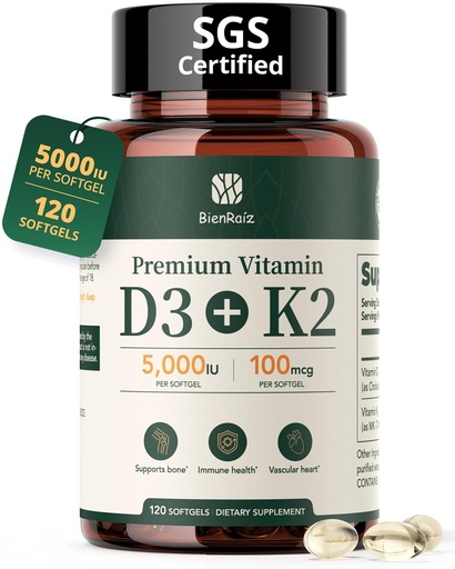[BRSREHQHDMGWAE34] Vitamin D3 K2 5000IU 100mcg MK-7, 120 Softgels, 2-in-1 K2 D3 Vitamin Supplement for Bone Health, Immune Support, Better Calcium Absorption, Easy to Swallow, One Daily, 120 Day Supply