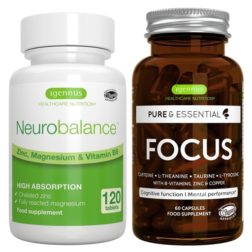 [BRSRMYARO4CRU3QU] Neurobalance + Focus Brain Booster Vegan Bundle, High Absorption Zinc Magnesium & B6 + Caffeine, Amino Acids & Methylated B-Vitamins, by Igennus