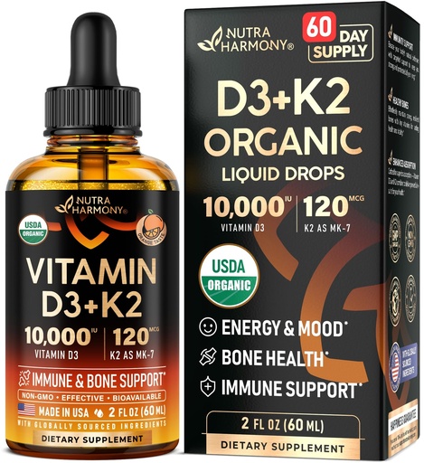 [BRSRAHAHAUOR6YA7] Vitamin D3 K2 USDA Organic Drops - Vitamin D3 10000 IU & K2 as MK-7 120mcg - Immune & Mood Support, Bone & Teeth Health - Sugar-Free Orange Flavor - Liquid Supplement - Made in USA - 2 FL OZ, 60 Days