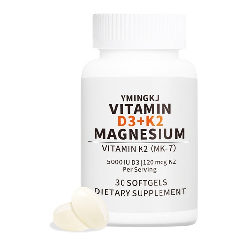 [BRSREHYYC4CGAYA3] Vitamin D3 K2 5000 IU Softgels with Magnesium Supplement - & 120mcg MK-7 K2 for Bone Health & Immune Support - Non-GMO & Gluten-Free Softgels with MCT Oil- 30 Softgel