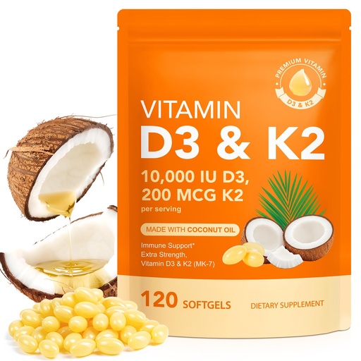 [BRSRECQROECAYEI6] Vitamin D3 K2 with Coconut Oil - Vegan Vitamin D3 & Mk7 Vitamin K2for Bone & Immune Support - Non-GMO, Soy Free - 120 Softgels