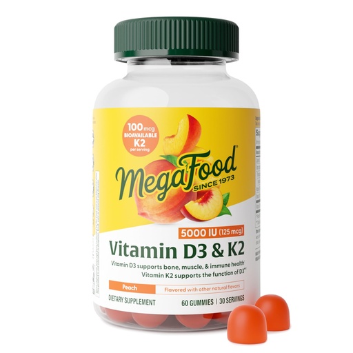[BRSREFQODEBRYFD6] MegaFood Vitamin D3 K2 Gummies - Vitamin D 5000 IU for Bone & Immune Health Plus Support for Optimal Calcium Absorption - Peach Flavor, Pectin Based - 60 Vegetarian D3 and K2 Supplements, 30 Servings