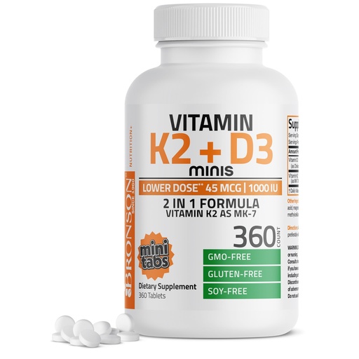 [BRSRACADOF5QYA35] Bronson Vitamin K2 (MK7) with D3 Lower Dose 45mcg Vitamin K2 & 1000 IU Vitamin D3 Easy to Swallow Daily Maintenance 2 in 1 Formula Non-GMO, 360 Mini Tablets
