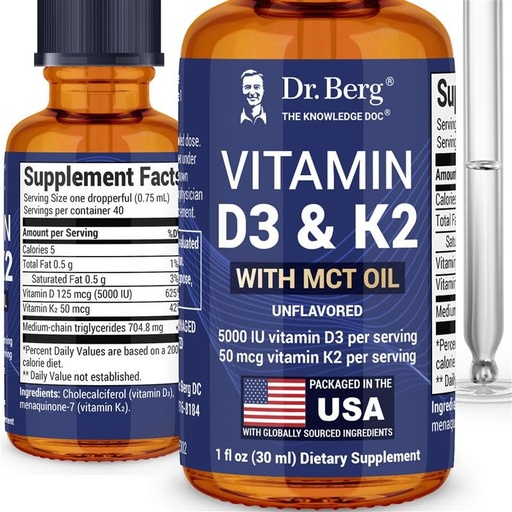 [BRSREYIDCANWYDI2] Dr. Berg Maximum Strength Vitamin D3 K2 Liquid Drops with MCT Oil – 5,000 IU Liquid Vitamin D3 with K2 – Supports Strong Bones, Heart, Energy, Immunity, and Overall Vitality* - Unflavored 1 Fl Oz