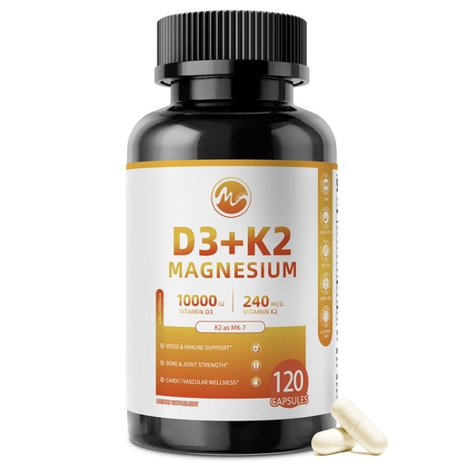[BRSREHDROACRMDQ6] M inch Vitamin D3 K2 with Magnesium, Vitamin D3 10000 IU, Vitamin K2 MK-7 240 mcg, 6-in-1 K2 D3 Vitamin Supplement with Quercetin for Bone, Immune & Moo*d Support, Highly Bioavailable, 120 Capsules