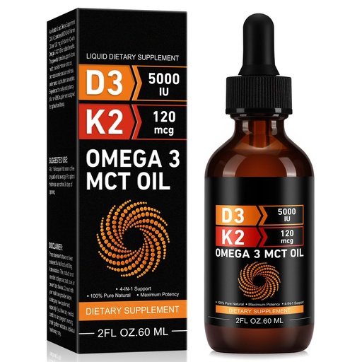 [BRSRAHAECECBYFD6] Daiasns Vitamin D3 5000 IU & K2 (MK-7) 120 mcg 60ml Drops with MCT Oil Omega 3, Liquid Vitamin D3 & K2 Supplements - 2 Months Supply -Supports Bones, Teeth, Mood & Immune System, Calcium Absorption