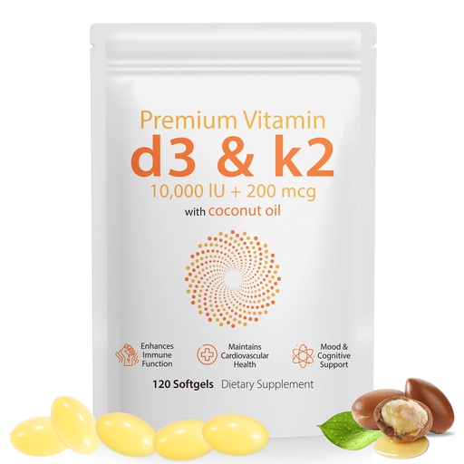 [BRSRECTRAQCGC33A] Daiasns Vitamin D3 K2 10000iu Supports Muscle & Brain Health -High-Potency D3 K2 Supplement Helps in Immune and Cardiovascular Support - 120 Softgels