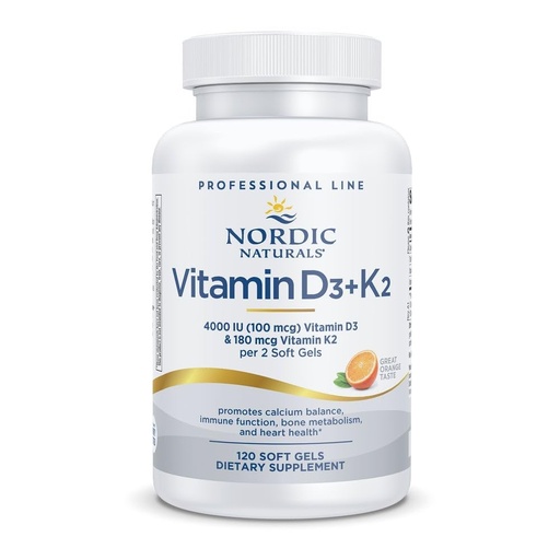 [BRSRABT5C4IAYFDJ] Nordic Naturals Professional Grade Vitamin D3+K2 Supplement, Orange Flavor - 60 Soft Gels - 4000 IU Vitamin D3 & 180 mcg K2- Promotes Calcium Balance & Immune Function - Non-GMO - 30 Servings