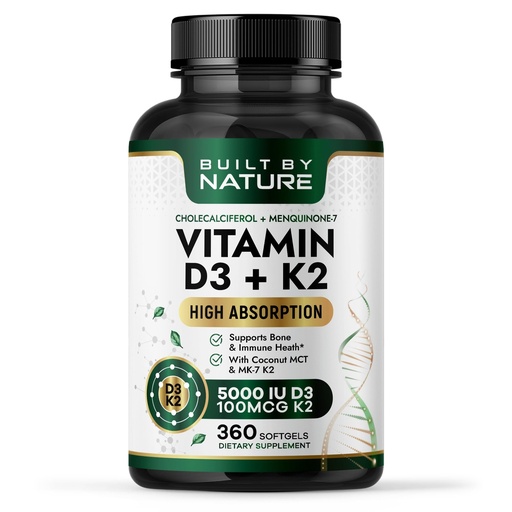 [BRSREZA7CMCQAFD2] Built by Nature Vitamin D3 K2 5000 IU + 100 mcg MK-7 - Extra Strength, High Absorption - Bone, Heart & Immune Support - Coconut MCT Oil - Non-GMO – 1 Year Supply - 360 Softgels