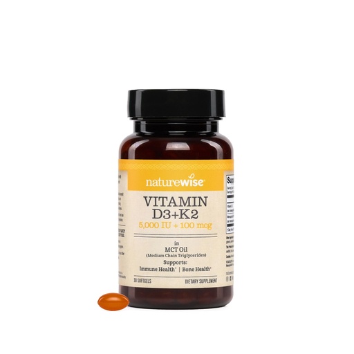 [BRSREZQQOUPAMFAY] NatureWise Vegan Vitamin D3 + K2 with Organic Coconut MCT Oil - Natural D3 5000IU + Natural K2 100mcg - High Absorption Bone Support - Soy & Gluten Free - USA Manufactured - 30 Softgels[30-Day Supply]