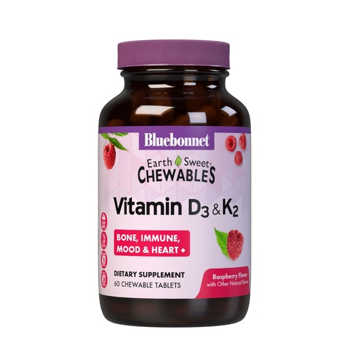 [BRSRMZ33BEJR4G3P] Bluebonnet Nutrition Vitamin D3 & K2 EarthSweet Chewable Tablets, for Immune, Mood & Heart Health*, Soy-Free, Gluten-Free, Non-GMO, Kosher Dairy, 60 Raspberry Flavor Chewable Tablets, 60 Servings