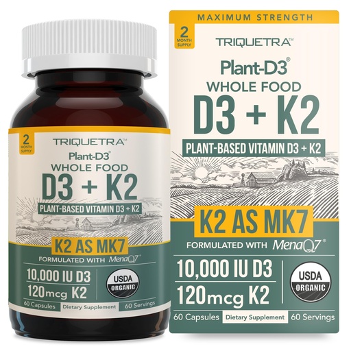 [BRSRAAYYCUHQ4GT2] Organic Plant D3 + K2 | 10000 IU D3 + 120 mcg K2 as All-Trans MK7 from MenaQ7® - 100% Whole Food, Raw & Vegan | Enhanced Digestion with Prebiotic & Superfood Complex – D3 from Organic Algae (60 Count)