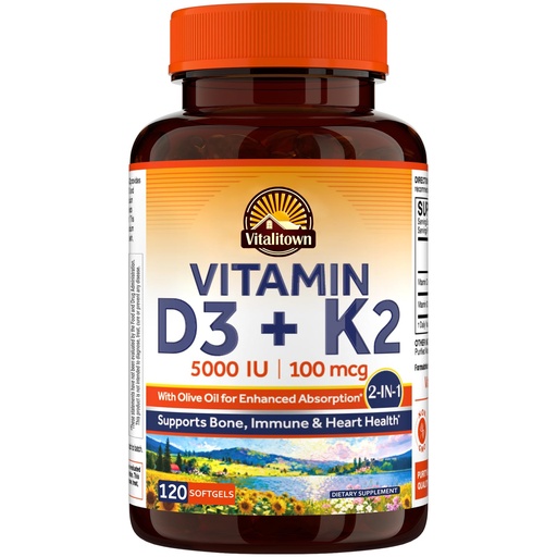 [BRSREGIBO55BEEIZ] Vitalitown Vitamin D3 K2 Supplement, D3 5000 IU, Vitamin K2 MK-7 100 mcg, Non-GMO, No Gluten & Soy, for Bone, Teeth, Immune & Heart Health, 120 Softgels