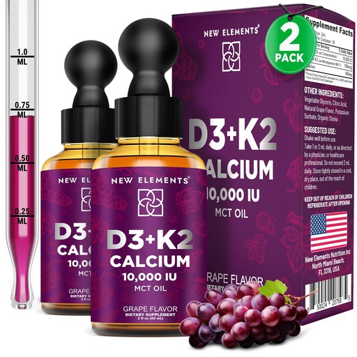 [BRSRAZIPAAHBQDL7] New Elements [2 𝐏𝐚𝐜𝐤] Liquid Vitamin D3 K2 Drops with Calcium for Adults | Vitamin D3 10,000 IU | D3 K2 with Calcium for Bone Health & Immunity Support | Joint Health Supplement | Non-GMO | Vegan