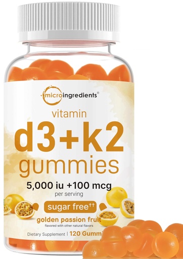 [BRSRAAL7BYFRU3TH] Micro Ingredients Vitamin D3 K2 Gummies, 120 Count | 5,000 IU Vitamin D + 100 mcg K2 MK-7 | Bone, Immune & Heart Health Supplements* | Sugar Free Golden Passion Fruit Flavor | Non-GMO, Gluten Free
