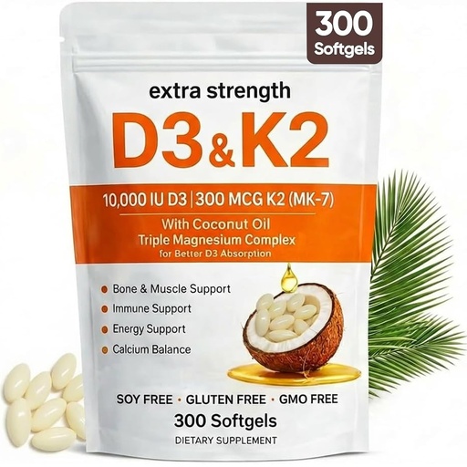 [BRSRGFIFDMCRMFA7] ELVERA Vitamin D3 K2 Magnesium Complex, Extra Strength D3 & K2 with Triple Magnesium Softgels, D3 K2 Vitamin 10000 IU Softgels(1)