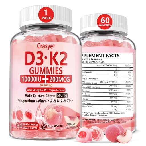[BRSREHA6BZ4GMAIV] Vitamin D3 K2 Gummies 10000 IU with 500mg Calcium Magnesium Zinc Gummy Sugar Free ADK+Vitamin B12 Supplements for Women and Men Bones, Muscles, Teeth Peach Flavor - 60 Gummies - 30 Servings