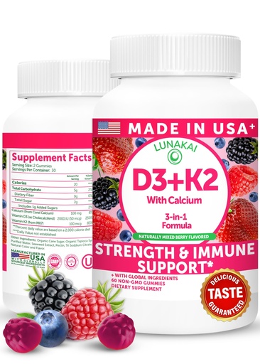 [BRSRAHD3CABB6CD3] Lunakai USA Made Vitamin D3 K2 Gummies with Calcium – 3-in-1 Daily Vegan Supplement for Bone & Immune Support for Women, Men & Kids, 60ct